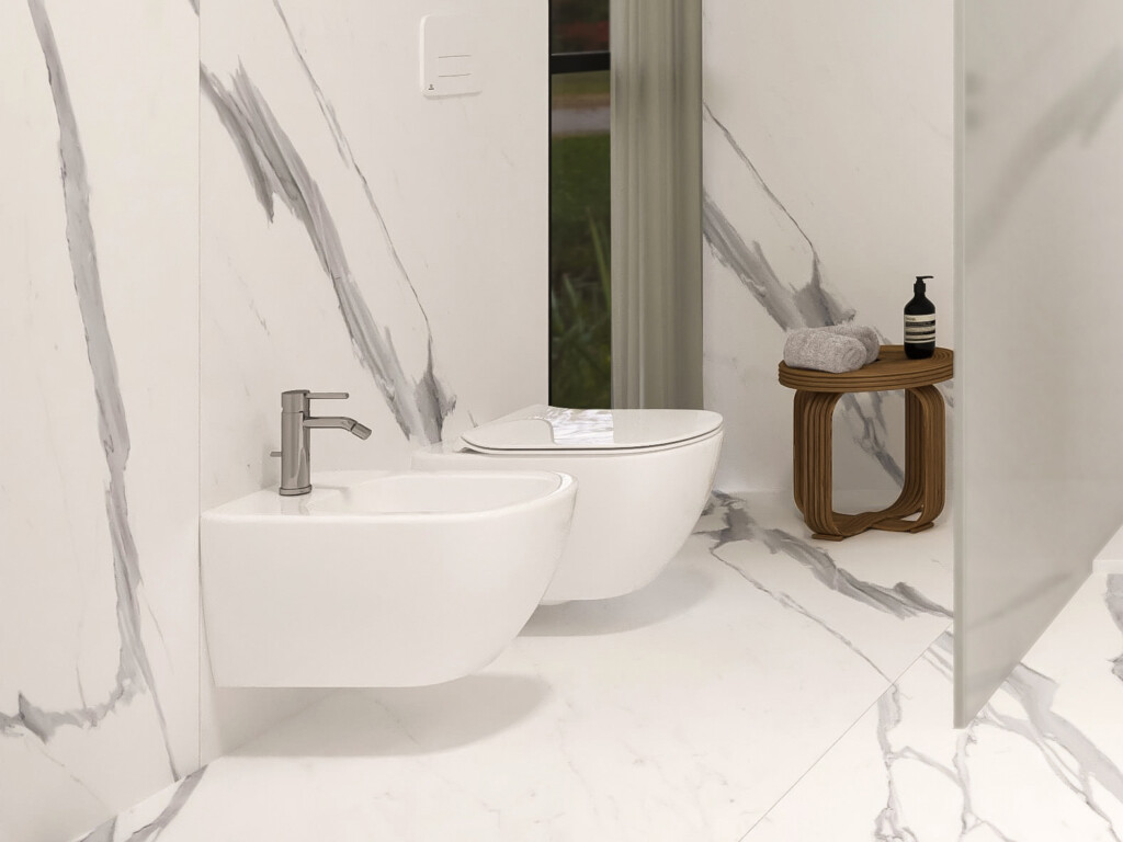 Delo - ambientazioni e tendenze bagno - bagno in marmo bianco con rubinetteria Delò