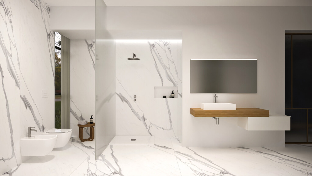 Delo - ambientazioni e tendenze bagno - bagno in marmo bianco con rubinetteria Delò Dado