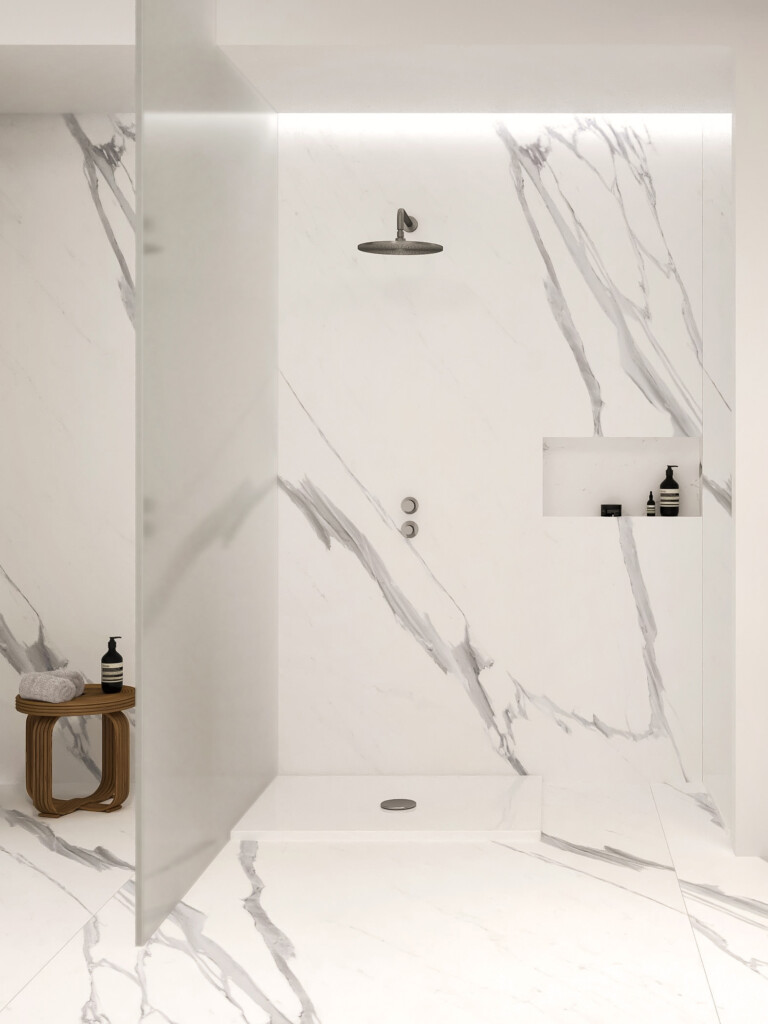 Delo - ambientazioni e tendenze bagno - bagno in marmo bianco con rubinetteria Delò