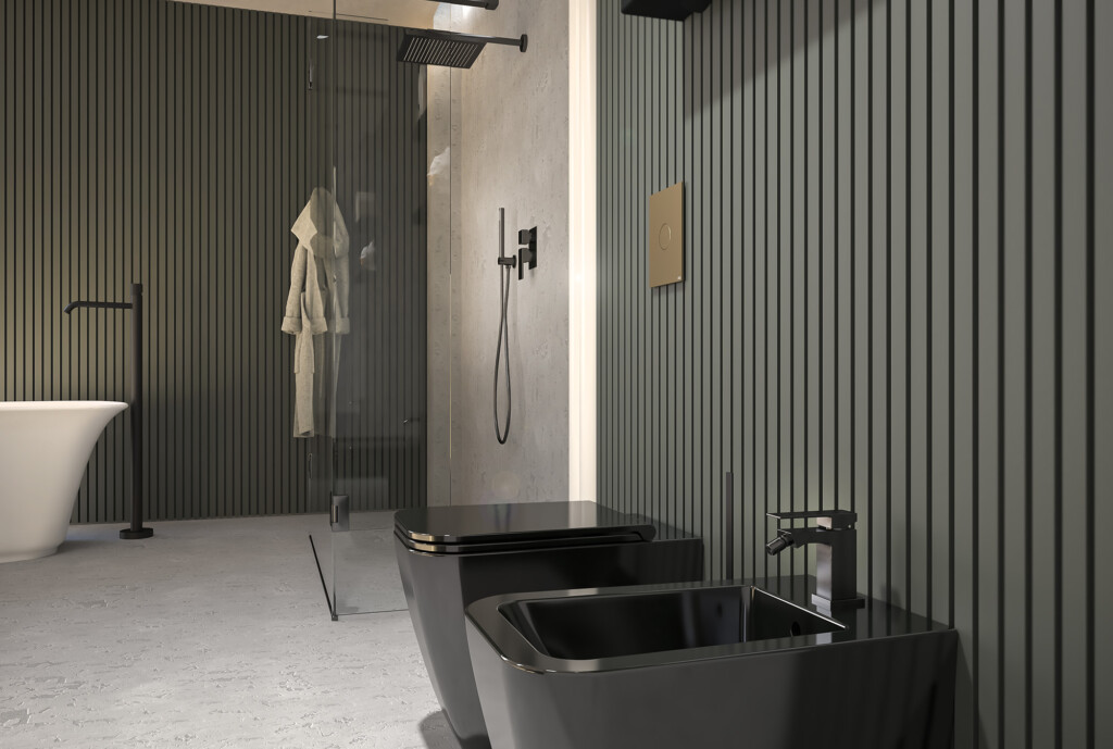 Delo - ambientazioni e tendenze bagno - bagno total black con rubinetteria Delò